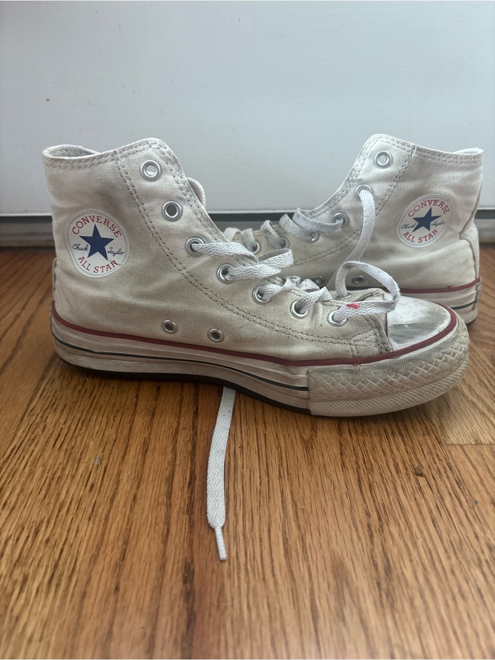 Converse Kids High Top Sneakers - Off-White with Red & Navy Trim